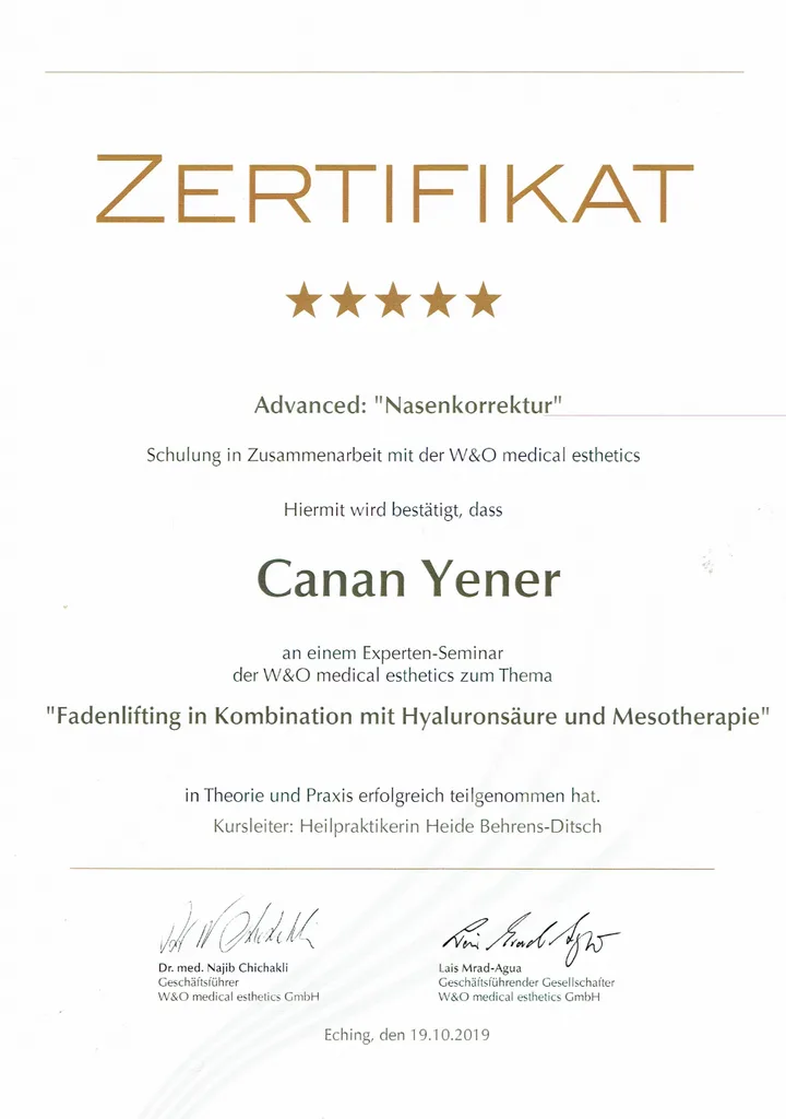 Zertifikat Advanced Nasenkorrektur von Canan Yener