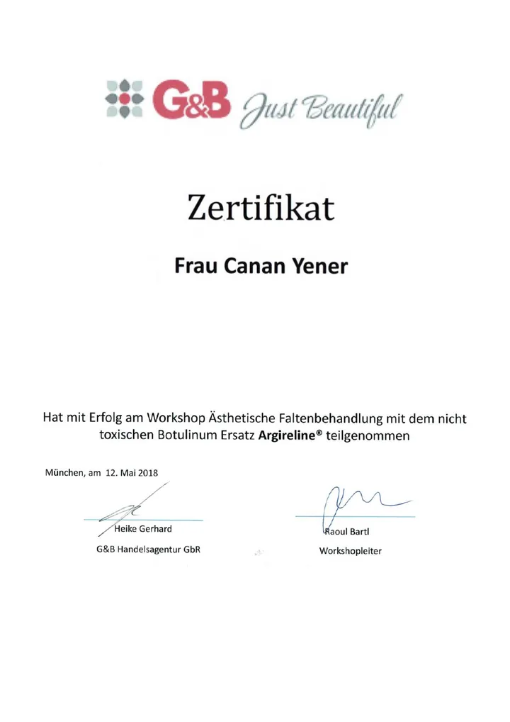 Zertifikat über den Workshop zur ästhetischen Faltenbehandlung mit Argireline von Canan Yener