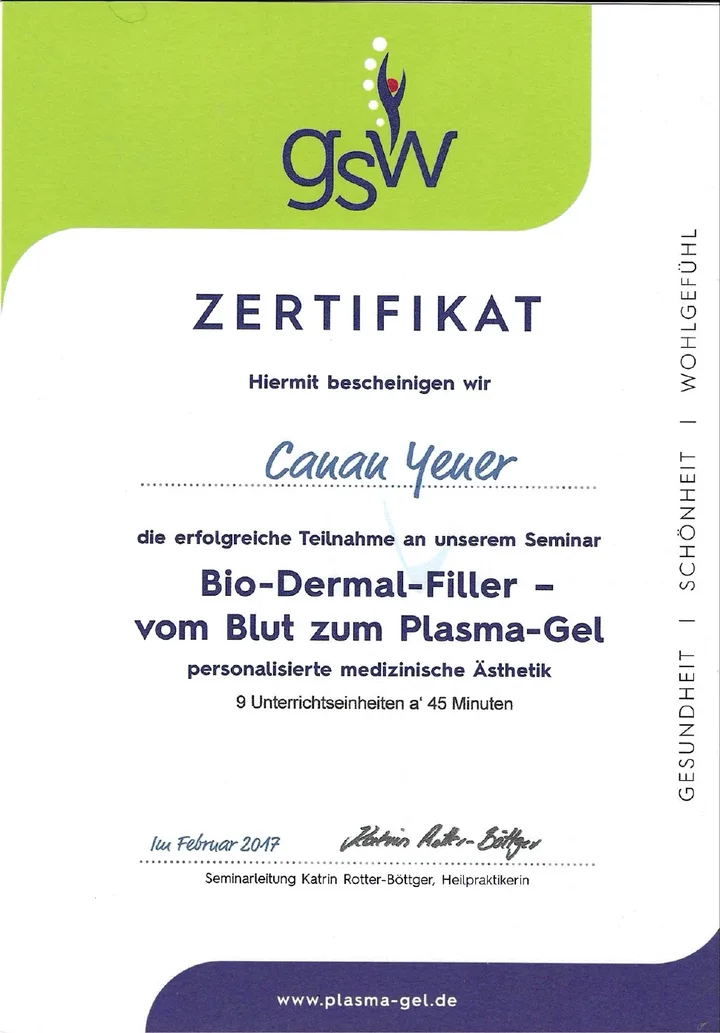 Zertifikat über das Seminar Bio-Dermal-Filler von Canan Yener