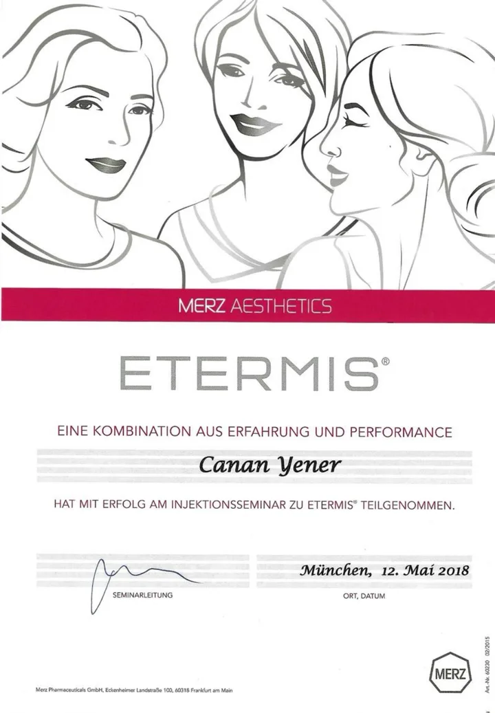 Zertifikat über das ETERMIS Injektionsseminar von Canan Yener
