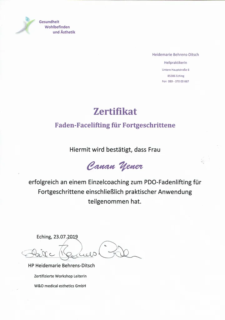 Zertifikat Faden-Facelifting für Fortgeschrittene von Canan Yener