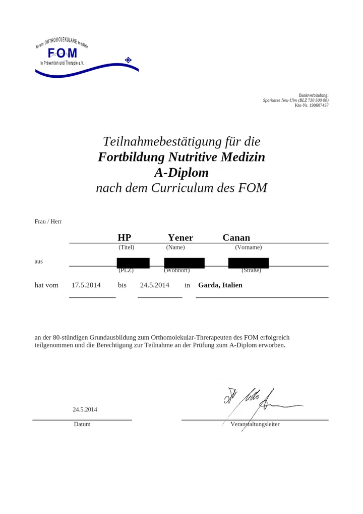 Teilnahmebestätigung über die Fortbildung Nutritive Medizin von Canan Yener