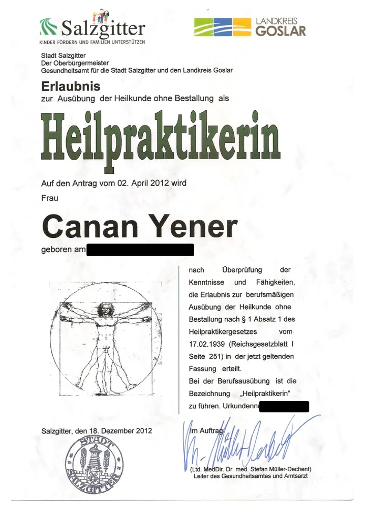 Geschwärzte Heilpraktikererlaubnis von Canan Yener