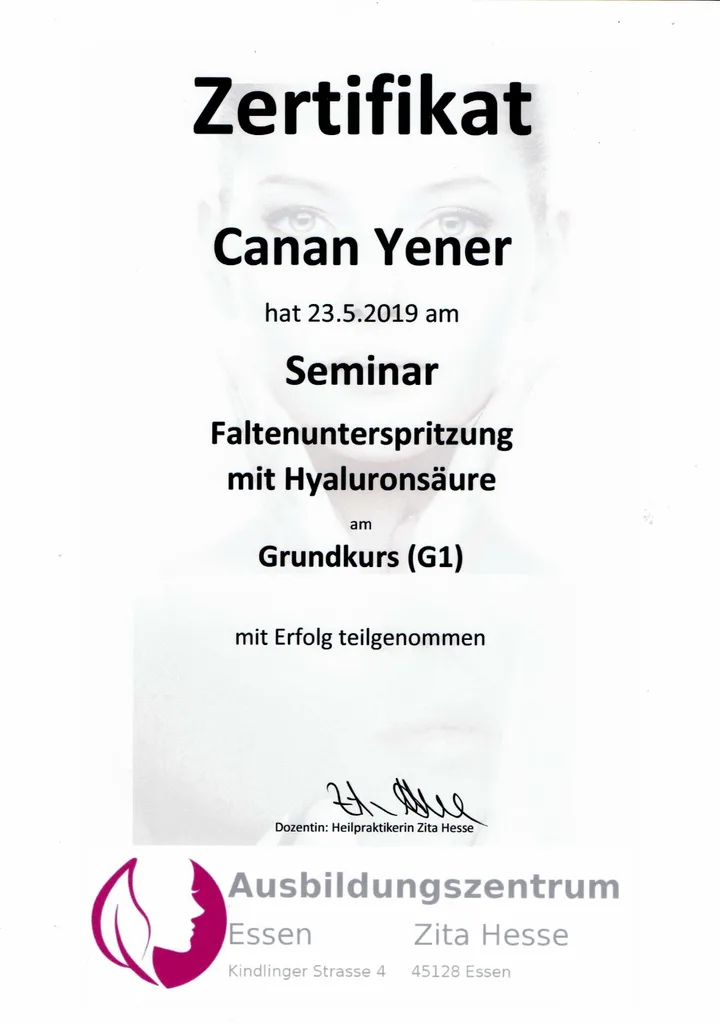 Zertifikat über den Hyaluronsäure-Grundkurs von Canan Yener