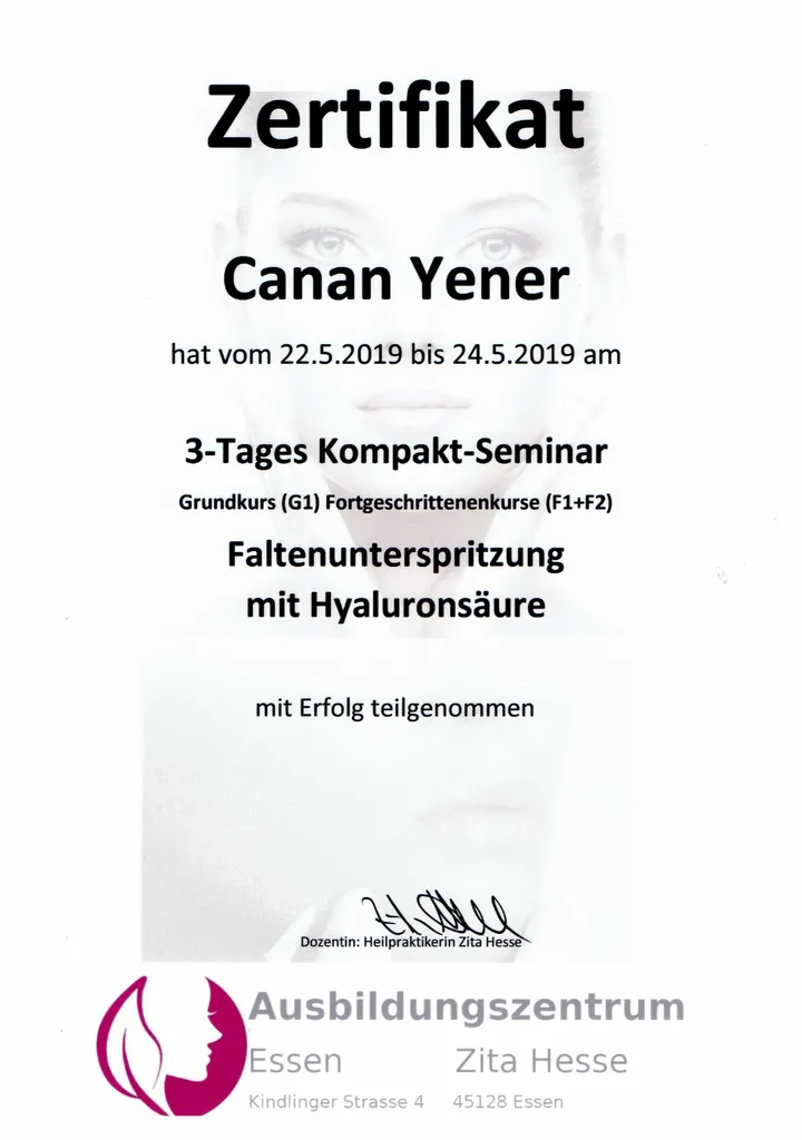 Zertifikat über das dreitägige Hyaluronsäure-Kompaktseminar von Canan Yener