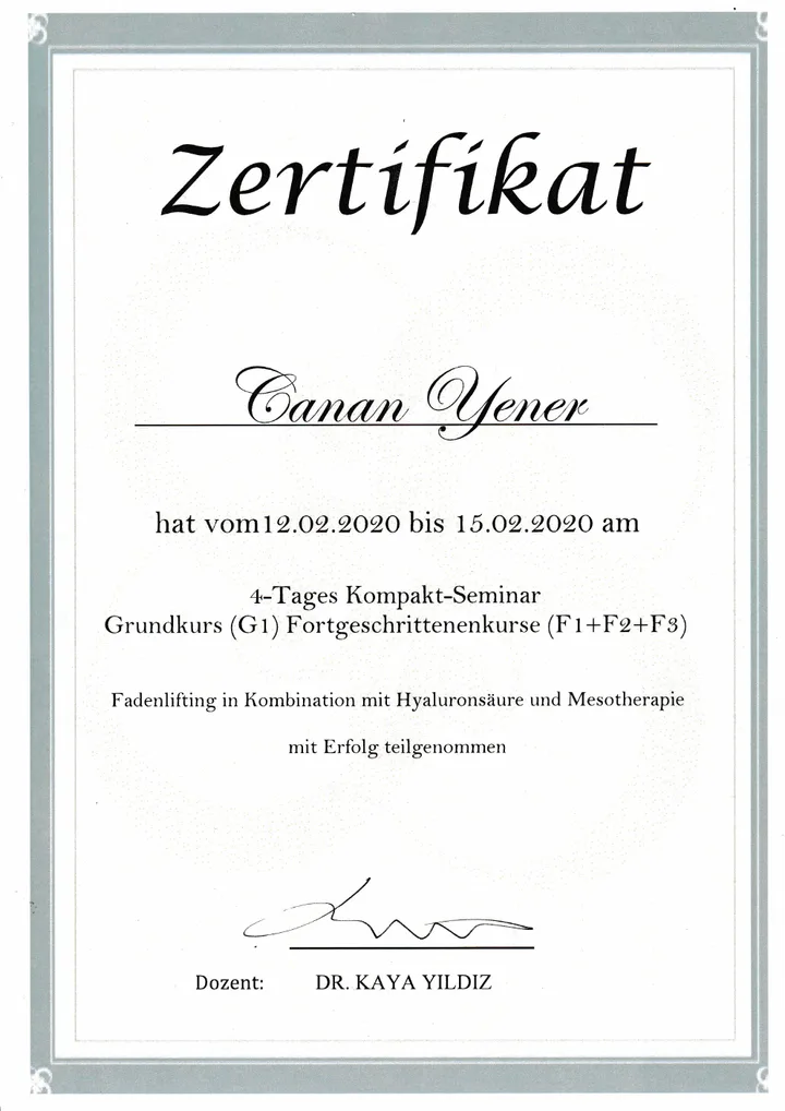 Zertifikat über das viertägige Kompaktseminar von Canan Yener