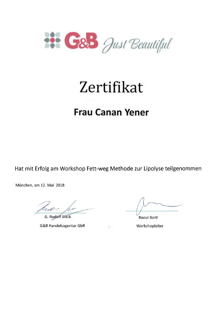 Zertifikat über den Workshop zur Lipolyse von Canan Yener