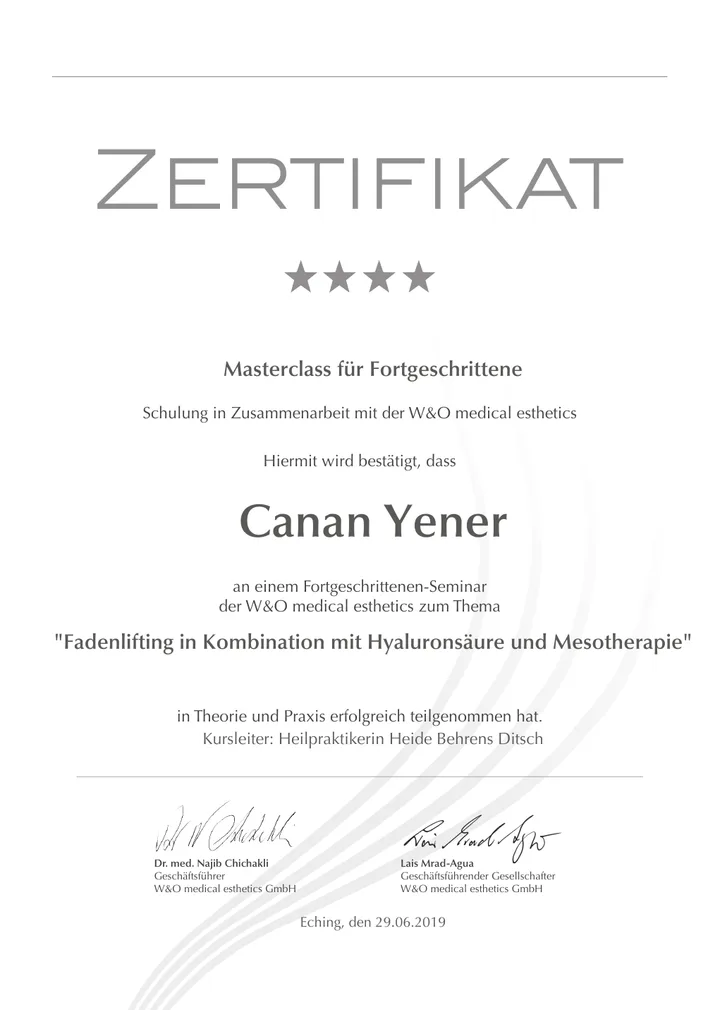 Masterclass-Zertifikat von Canan Yener für Fadenlifting, Hyaluronsäure und Mesotherapie