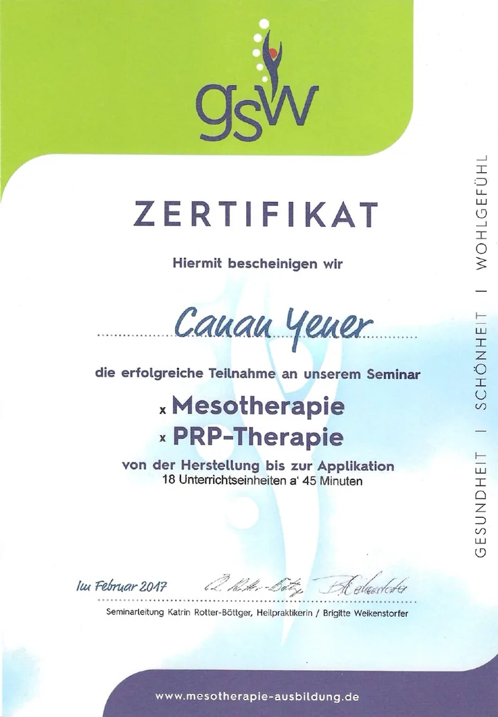 Zertifikat über Mesotherapie und PRP-Therapie von Canan Yener