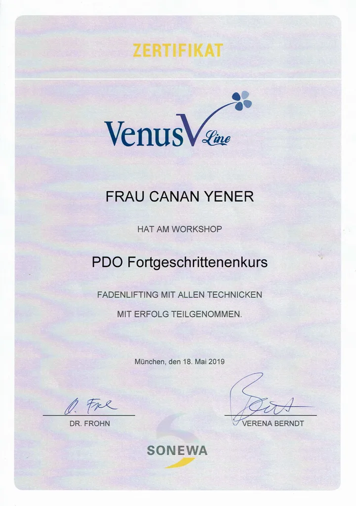 Zertifikat über den PDO-Fortgeschrittenenkurs von Canan Yener