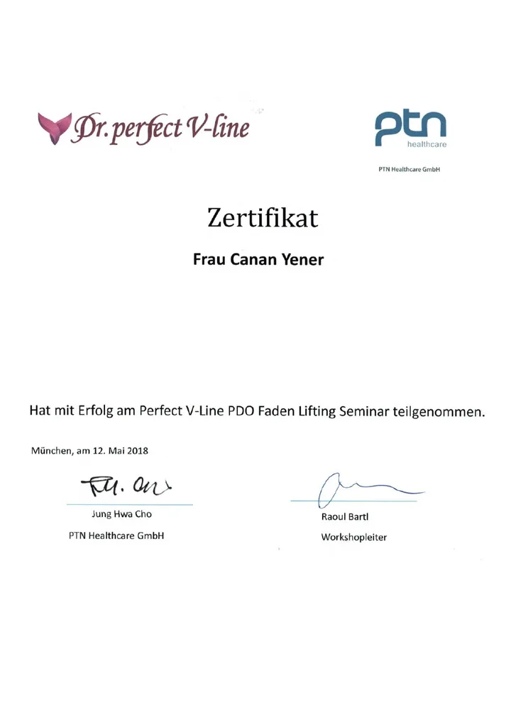 Zertifikat über das Perfect V-Line PDO Fadenlifting Seminar von Canan Yener