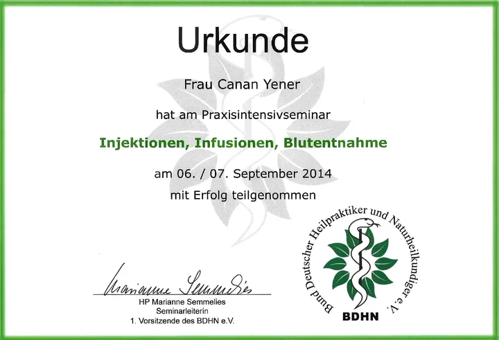 Urkunde über das Praxisintensivseminar Injektionen, Infusionen und Blutentnahme von Canan Yener