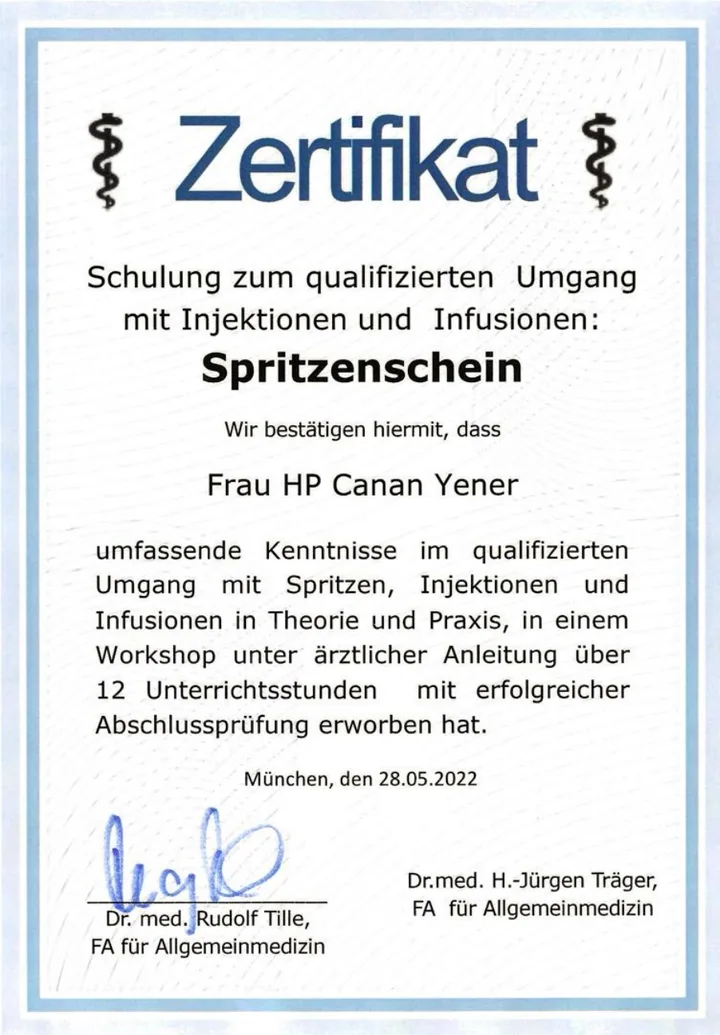 Zertifikat über die Schulung zum qualifizierten Umgang mit Spritzen, Injektionen und Infusionen von Canan Yener