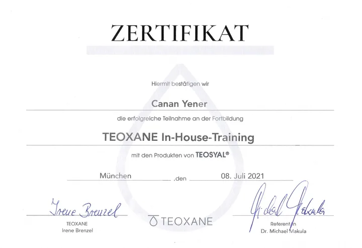 Zertifikat über das TEOXANE In-House-Training von Canan Yener