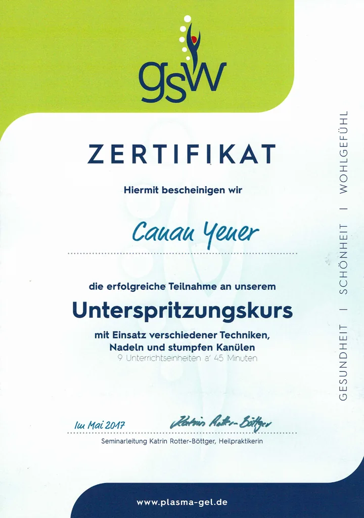 Zertifikat über den Unterspritzungskurs von Canan Yener