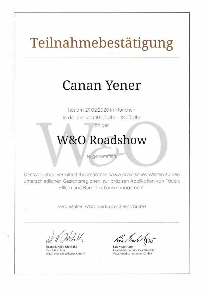 Teilnahmebestätigung der W&O Roadshow von Canan Yener